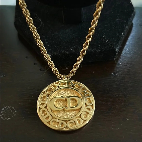 Dior Gold Necklace with Circular Pendant and Dainty Chain 27”